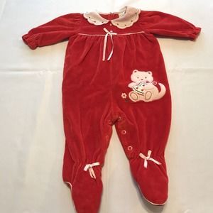 Vtg Red Velour Cat Footie Pajamas One Piece Romper White Bib Hearts Sz 3-6 Mos